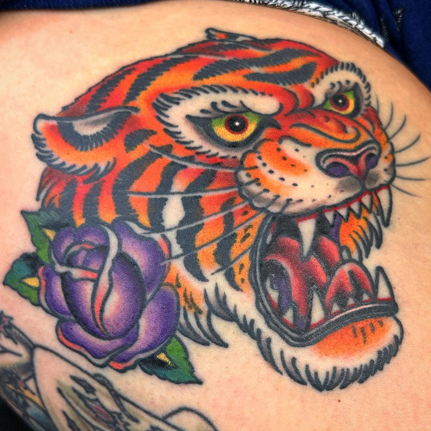 Tiger American traditional tattoo on the torso by Bryan Humphries