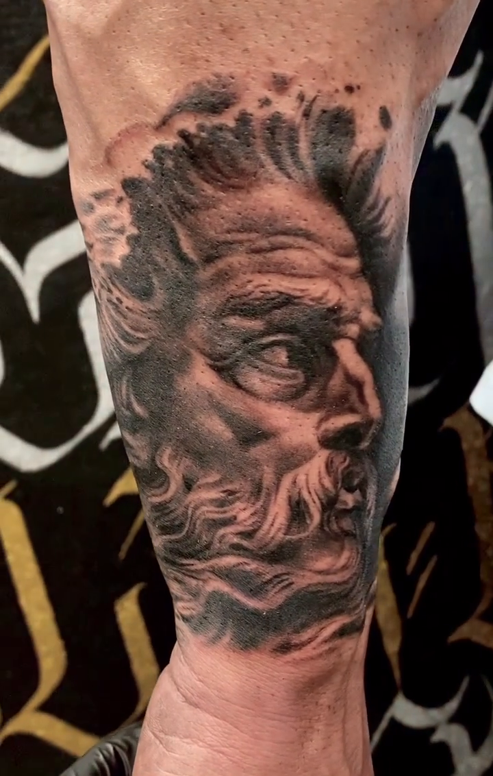 Greek god portrait realism tattoo by Las Vegas tattoo Artist
