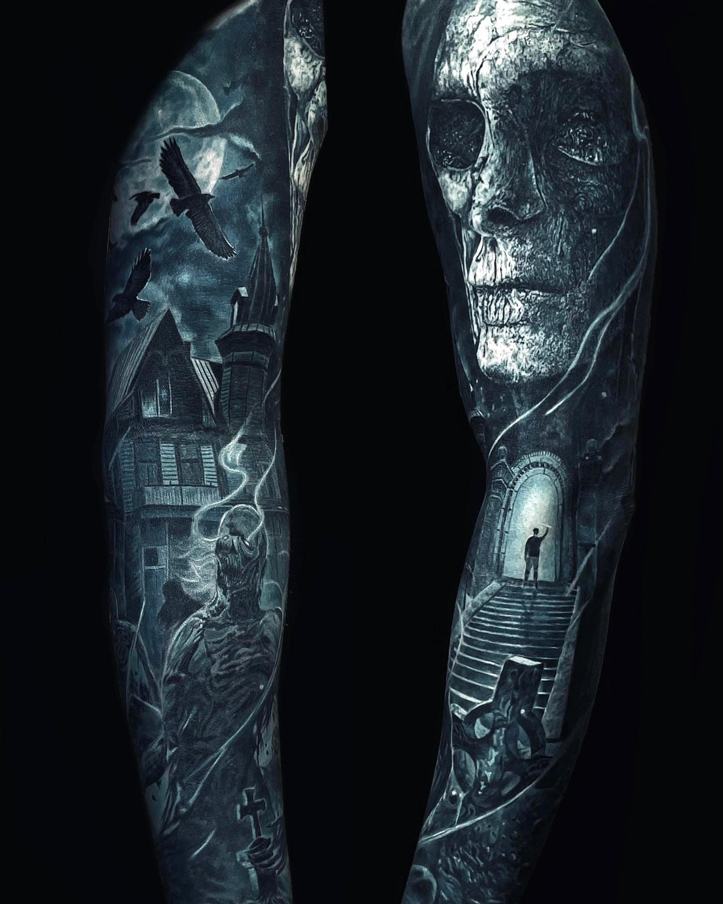Haunted house and skeleton dark realism tattoo on the forearm by Bình Nguyễn
