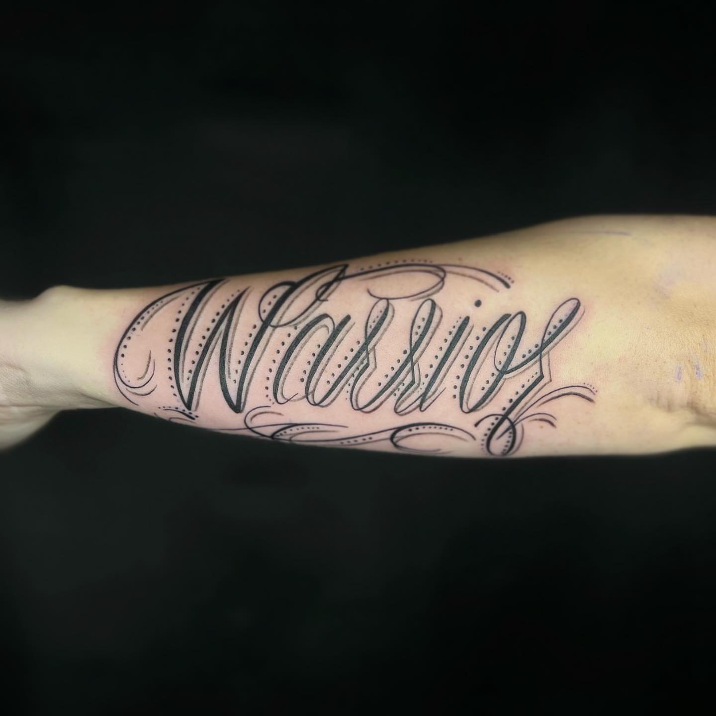 Script lettering lettering script tattoo on the forearm by Daphne Landry