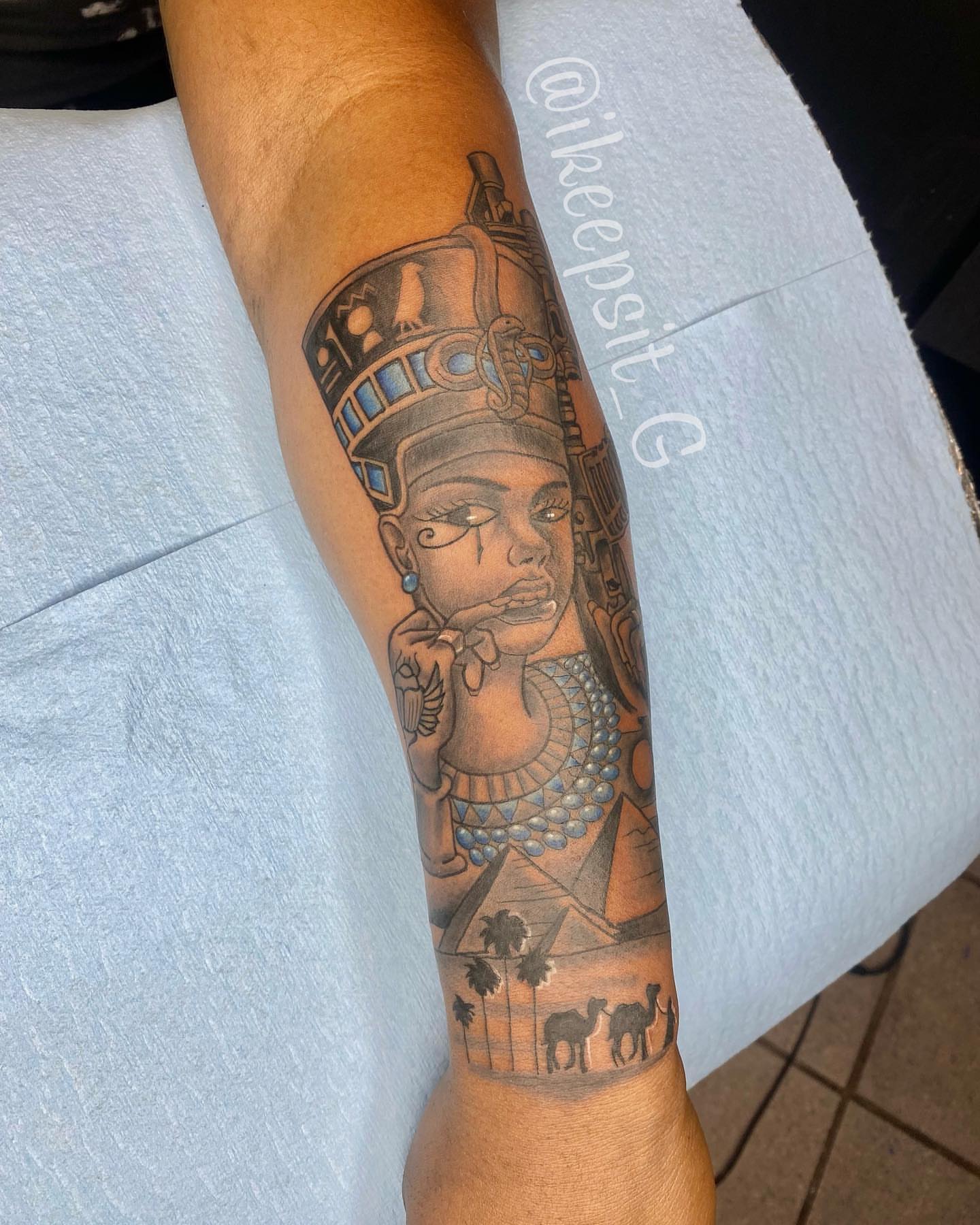 Ancient queen realism tattoo on the forearm by Prolific🏁so Gifted