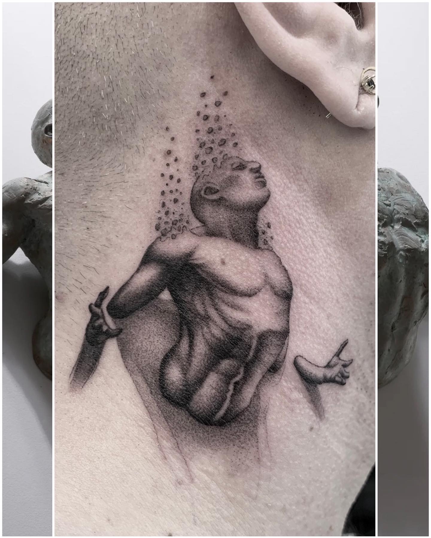 Statue of a child dotwork tattoo on the chest by Mike G.