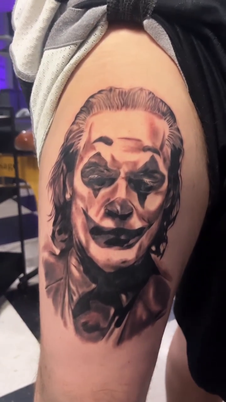 The Joker realism tattoo by Zachary Kaufhold