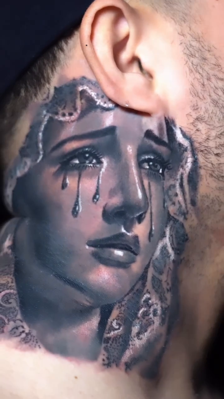 Weeping woman realism tattoo by Guillermo Columbie, Houston, Texas