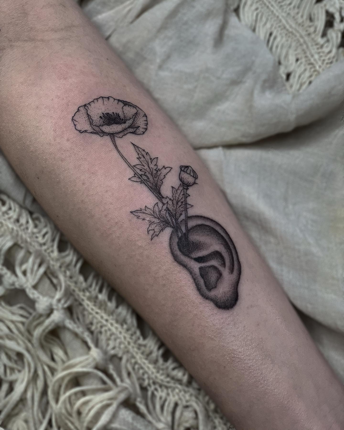 Ear with poppy black and grey tattoo on the forearm by Liv