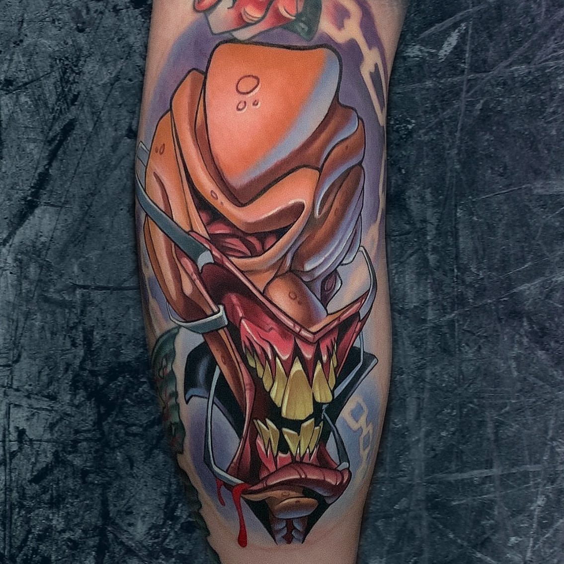 Predator mask dark realism tattoo on the forearm by Joshua L Wilson, Dayton, Ohio