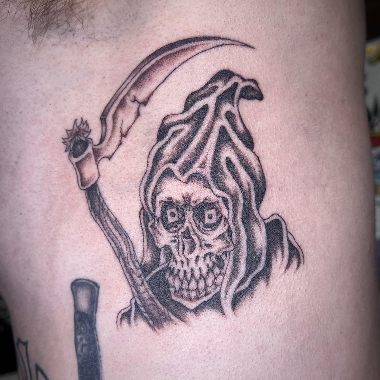 Grim reaper black and grey tattoo on the thigh by ⛓ Emily ⚔️ Milja ⛓