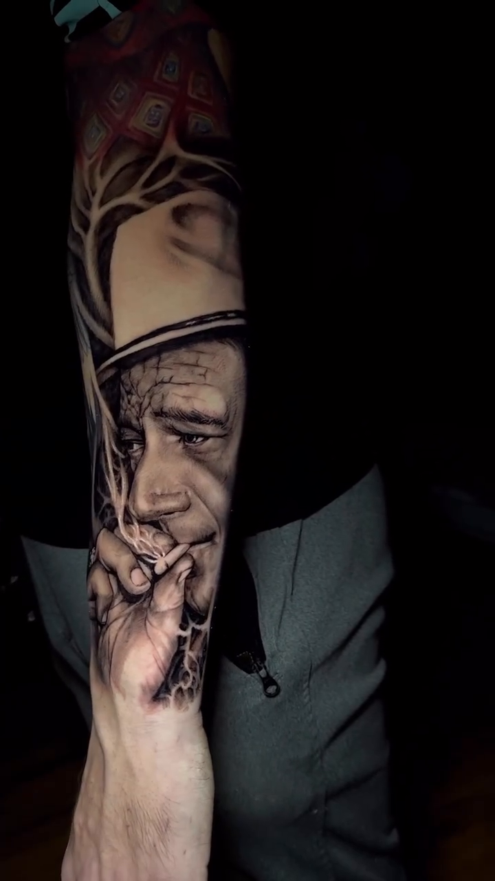 Portrait of an old man smoking realism tattoo by Aaron Moonan🩸Tattoo Artist NY