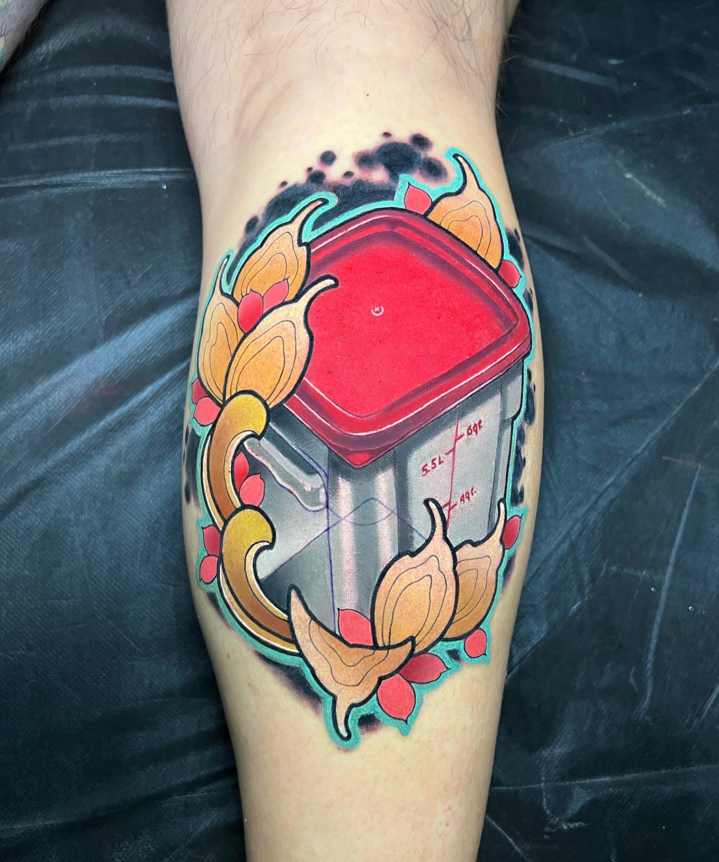Cube with floral ornamentation American traditional tattoo on the forearm by Brian Horowitz