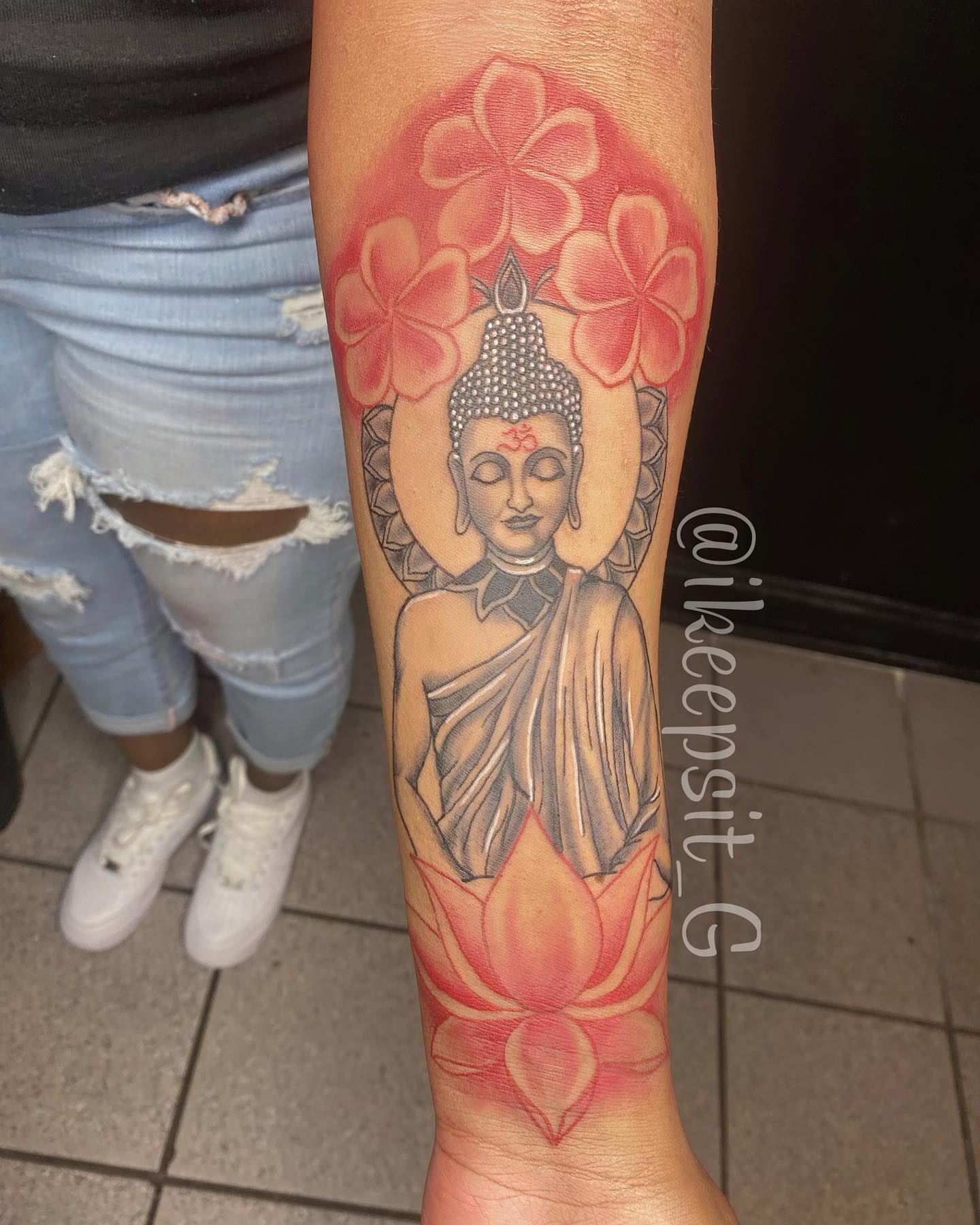 Buddha with lotus flowers dotwork tattoo on the forearm by Prolific🏁so Gifted