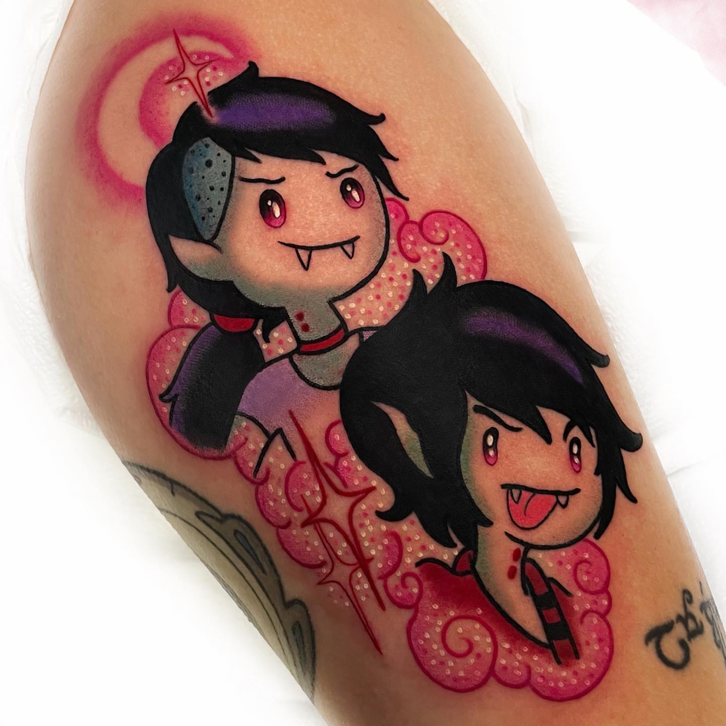 Vampire characters dotwork tattoo on the thigh by πππ«π ππ¨ππ₯, Dallas, Texas