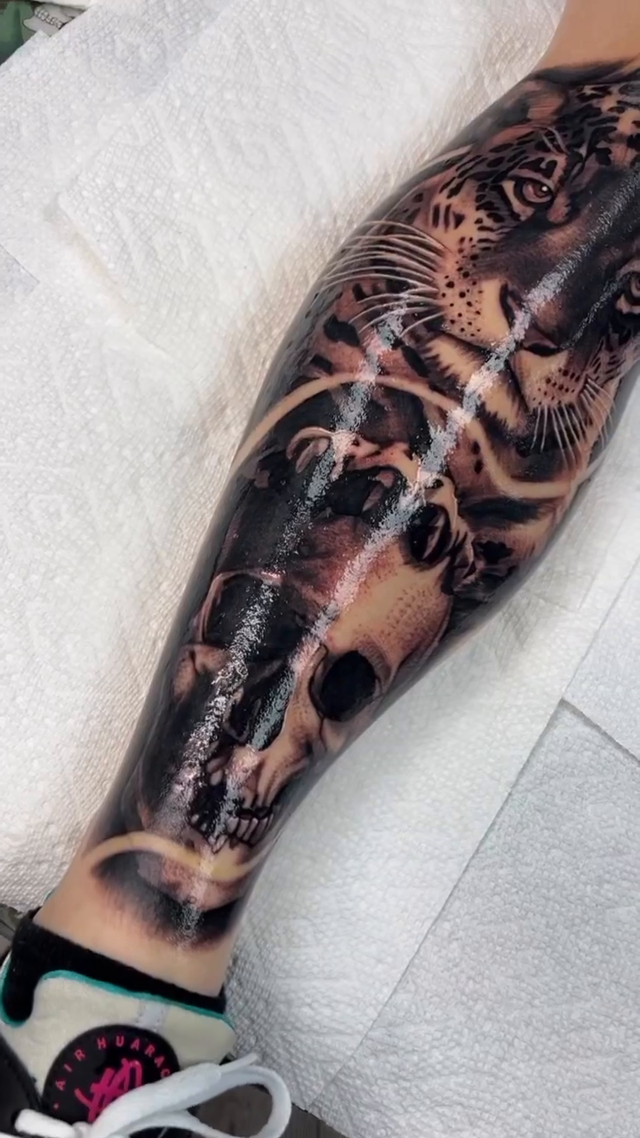 Tiger and skull realism tattoo by Joseph Alvarado