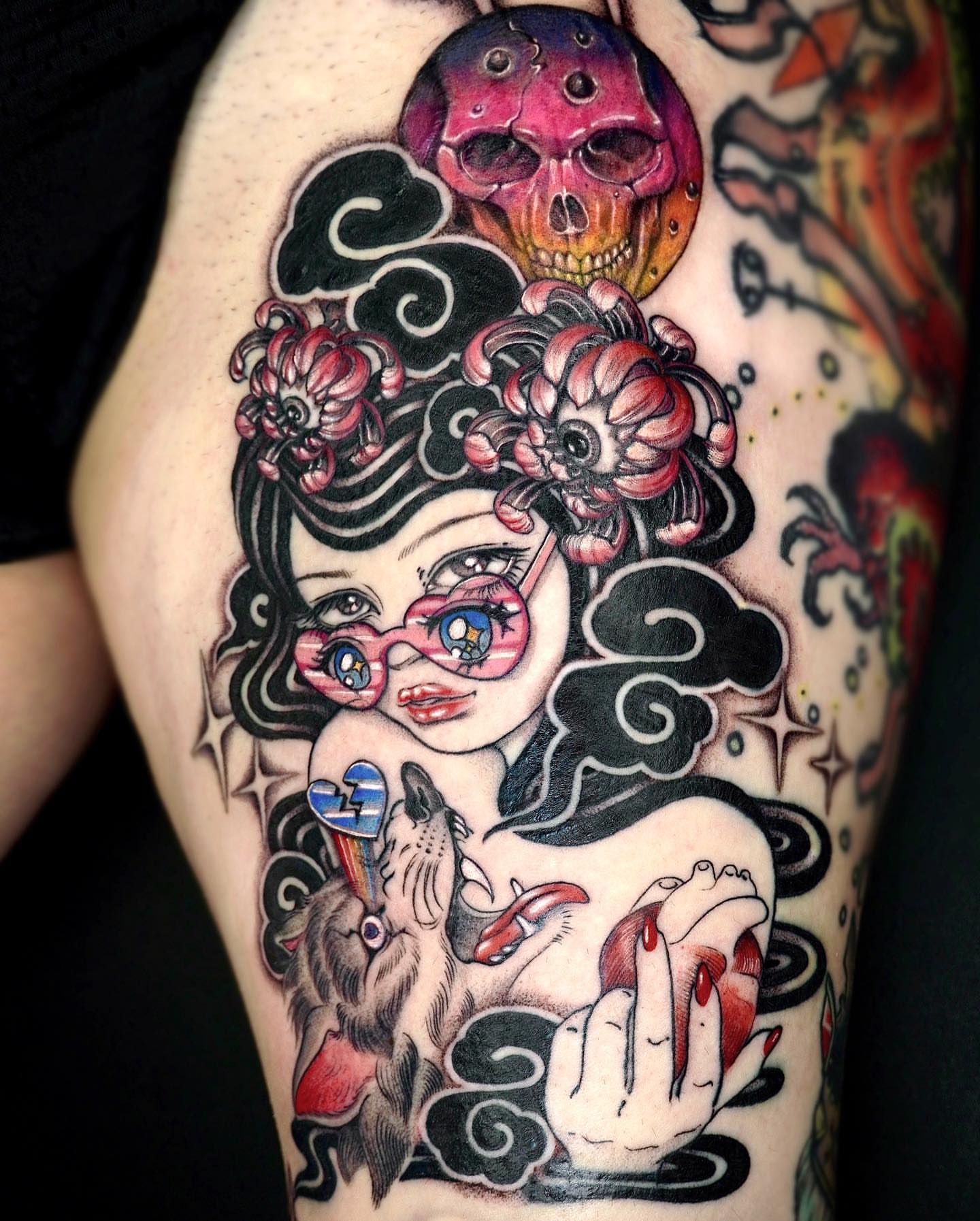 Woman with surreal elements surrealism tattoo on the thigh by 吳盈慧, Los Angeles, California