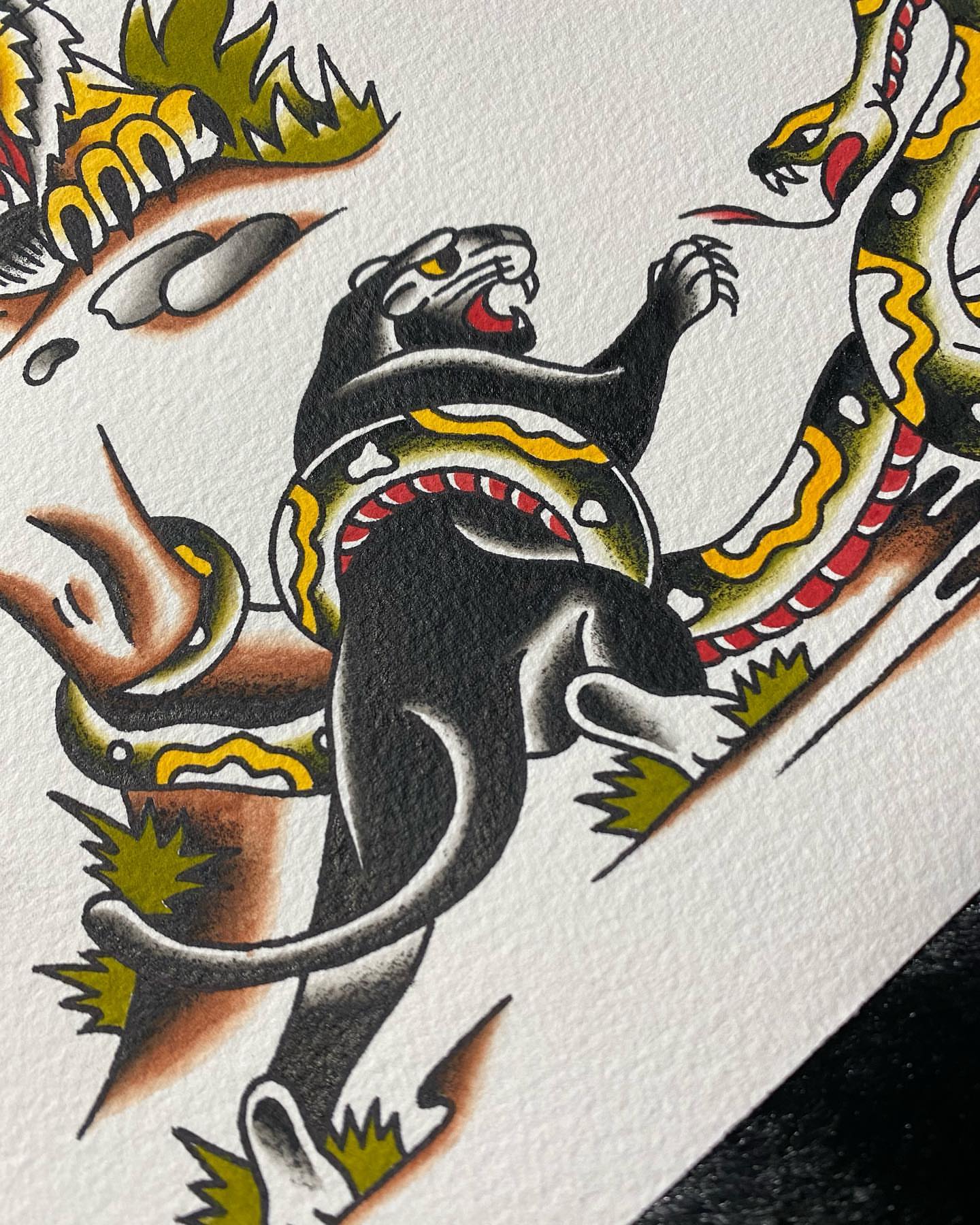 Panther and snake American traditional tattoo by Corinne Carter