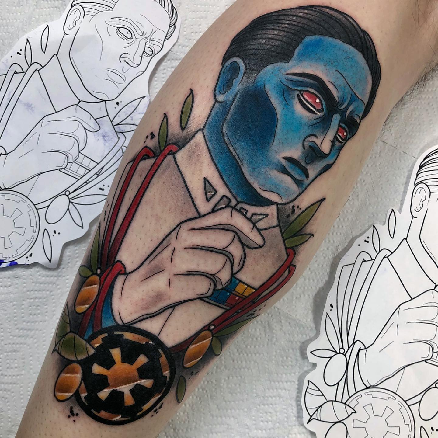 Blue-skinned character American traditional tattoo on the forearm by 🍃  𝑳𝒆𝒆 𝑴𝒖𝒍𝒍𝒆𝒏  🍂, Seattle, Washington
