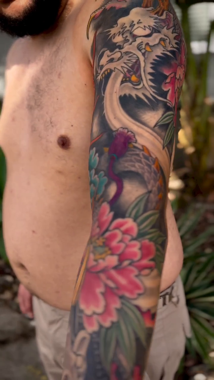 Dragon and Hannya mask sleeve japanese irezumi tattoo by Kenny Waizumi ๐