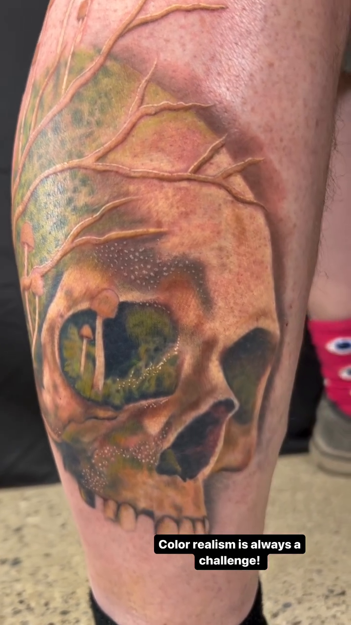 Skull with mushrooms and vines realism tattoo by Tattoos by Hanna, Farmington Hills, Michigan