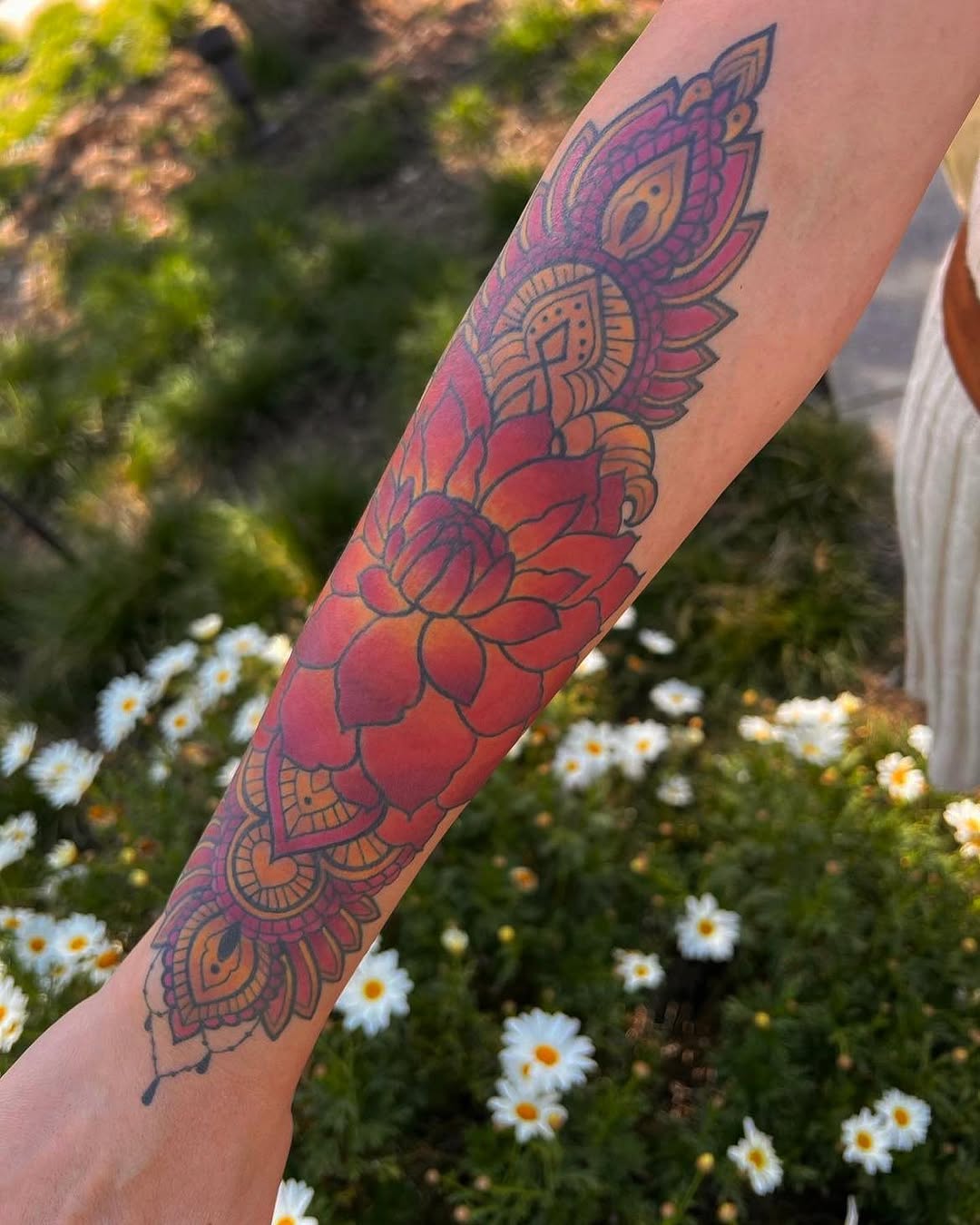 Floral mandala ornamental tattoo on the forearm by Lisa Nikolopoulos, New York, New York