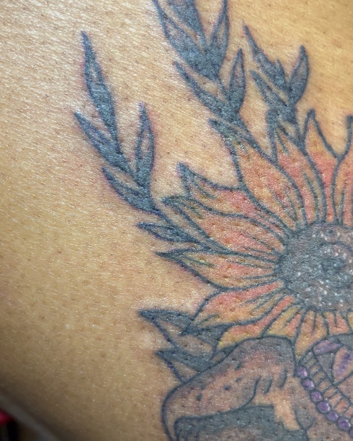 Sunflower dotwork tattoo on the thigh by Breanna💉🔮, Dover, Delaware
