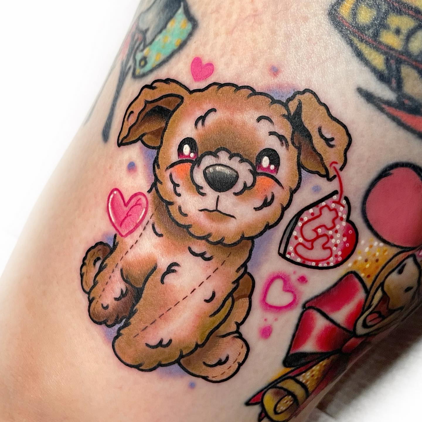 Dog new school tattoo on the forearm by 𝐊𝐚𝐫𝐚 𝐍𝐨𝐞𝐥, Dallas, Texas