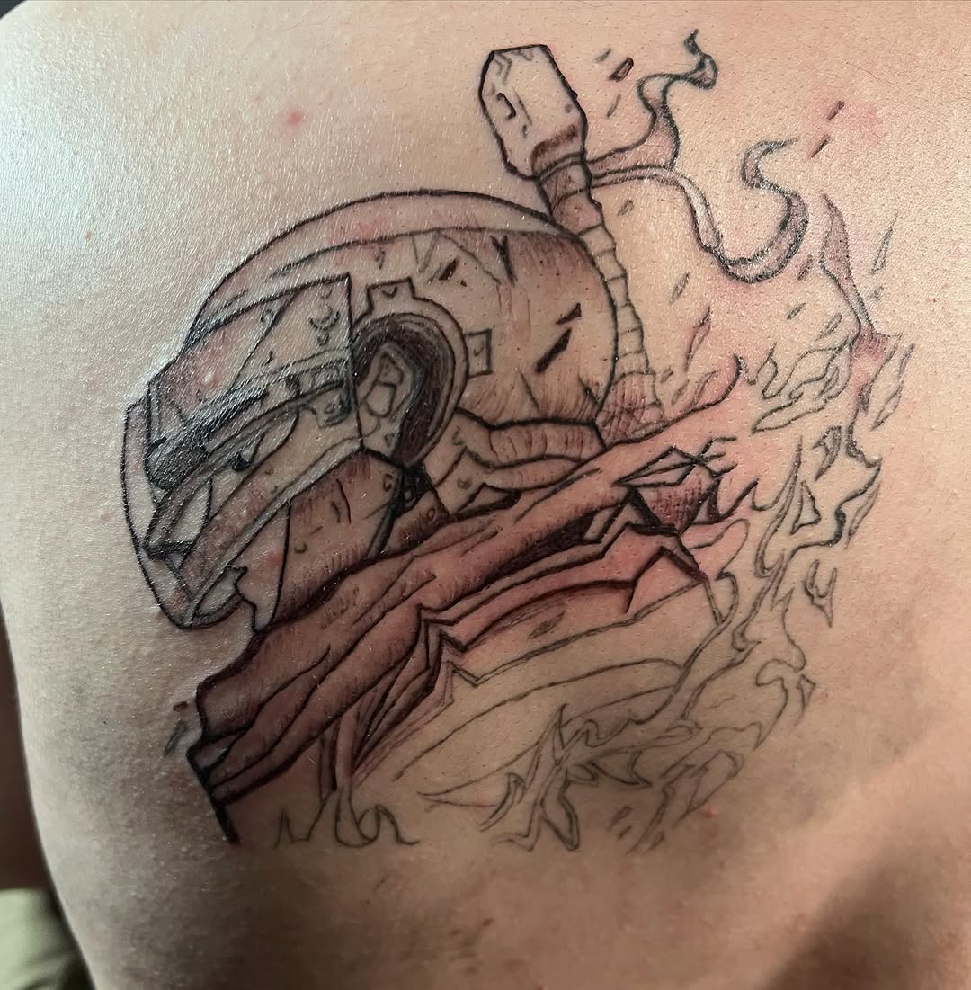 Armored character with flames anime tattoo on the shoulder by Lea-yae’
