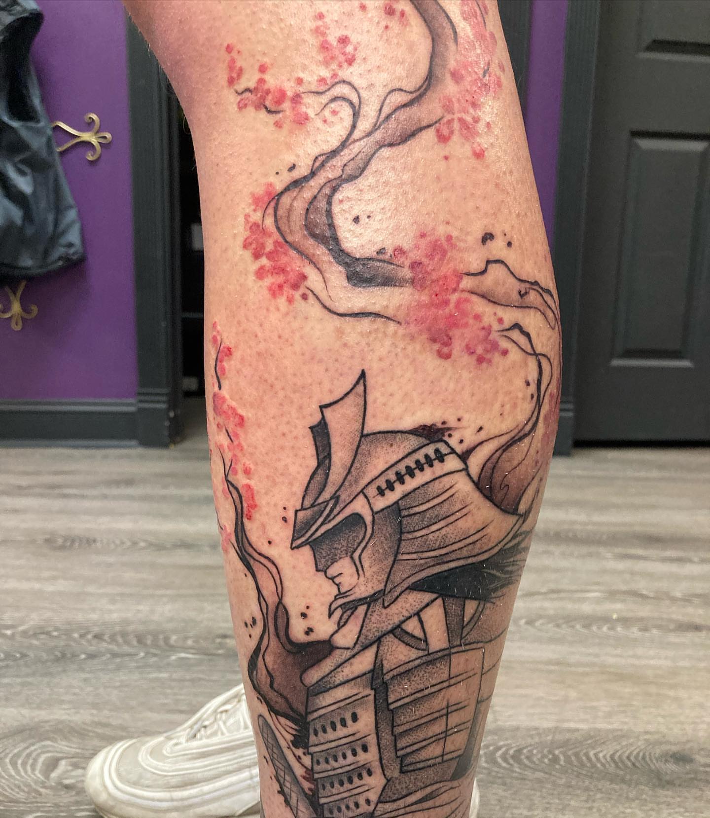 Samurai warrior realism tattoo on the calf by Hali Larkin