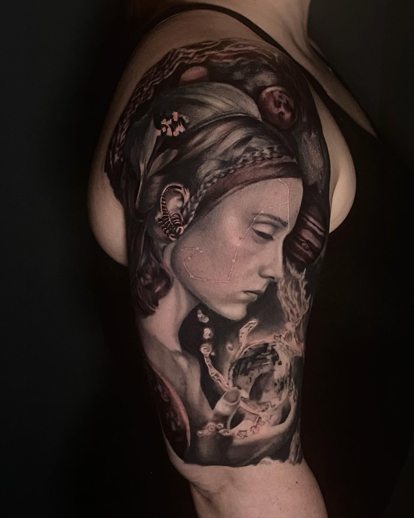 Woman's portrait realism tattoo on the shoulder by Lindsey Lane, Dallas, Texas
