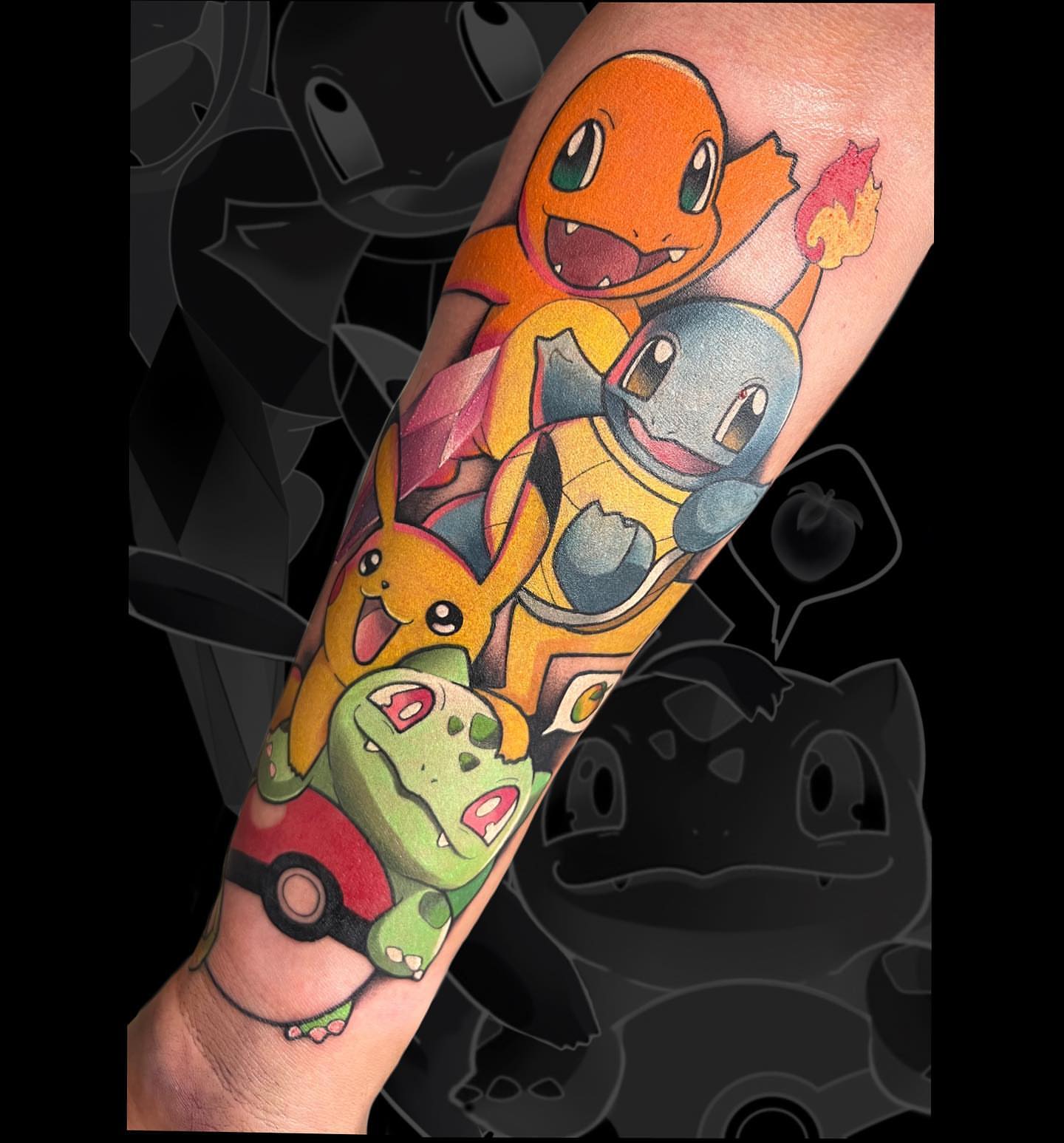 Pokémon characters new school tattoo on the forearm by Cristian Romero