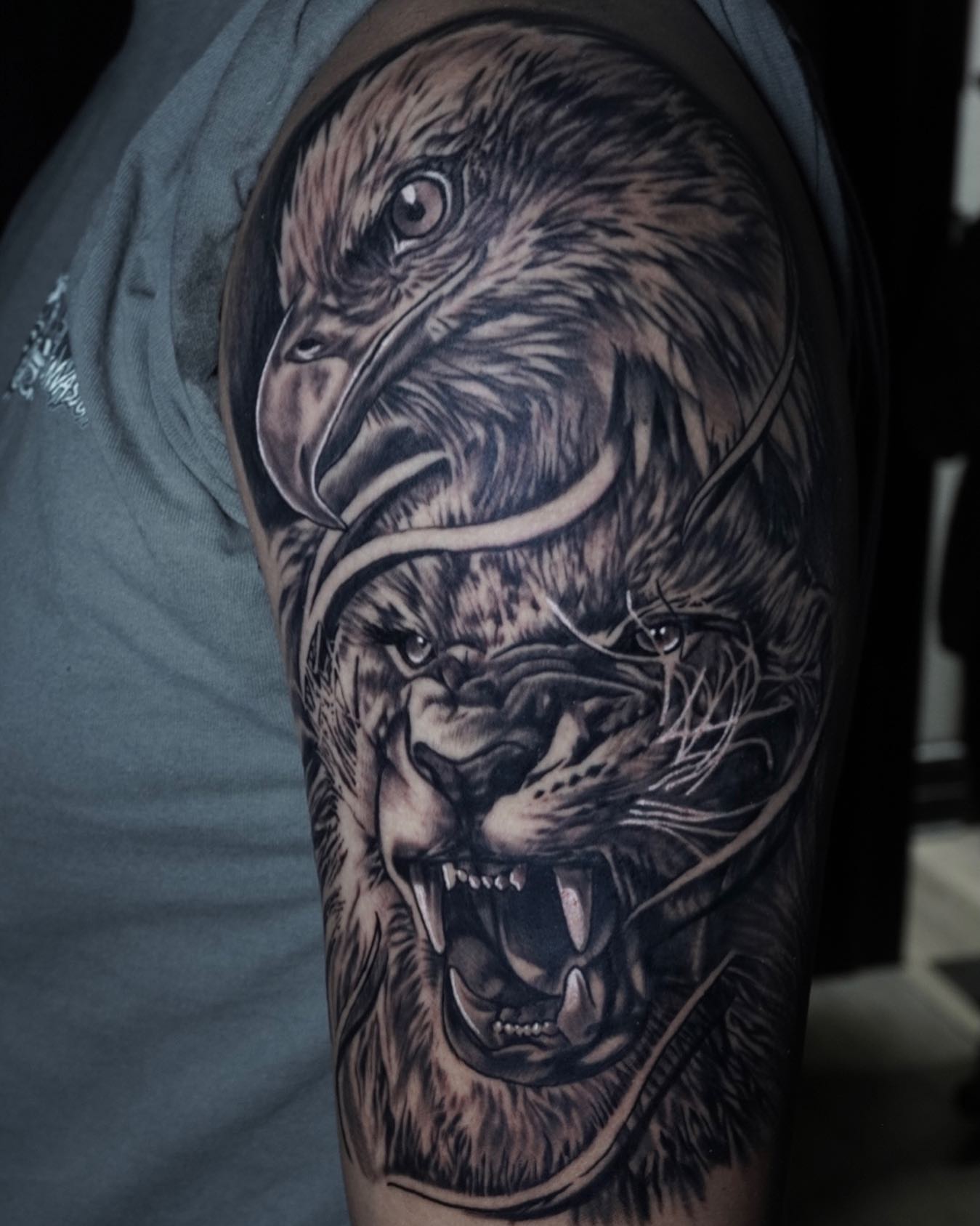 Lion realism tattoo on the shoulder by Brian Cassidy