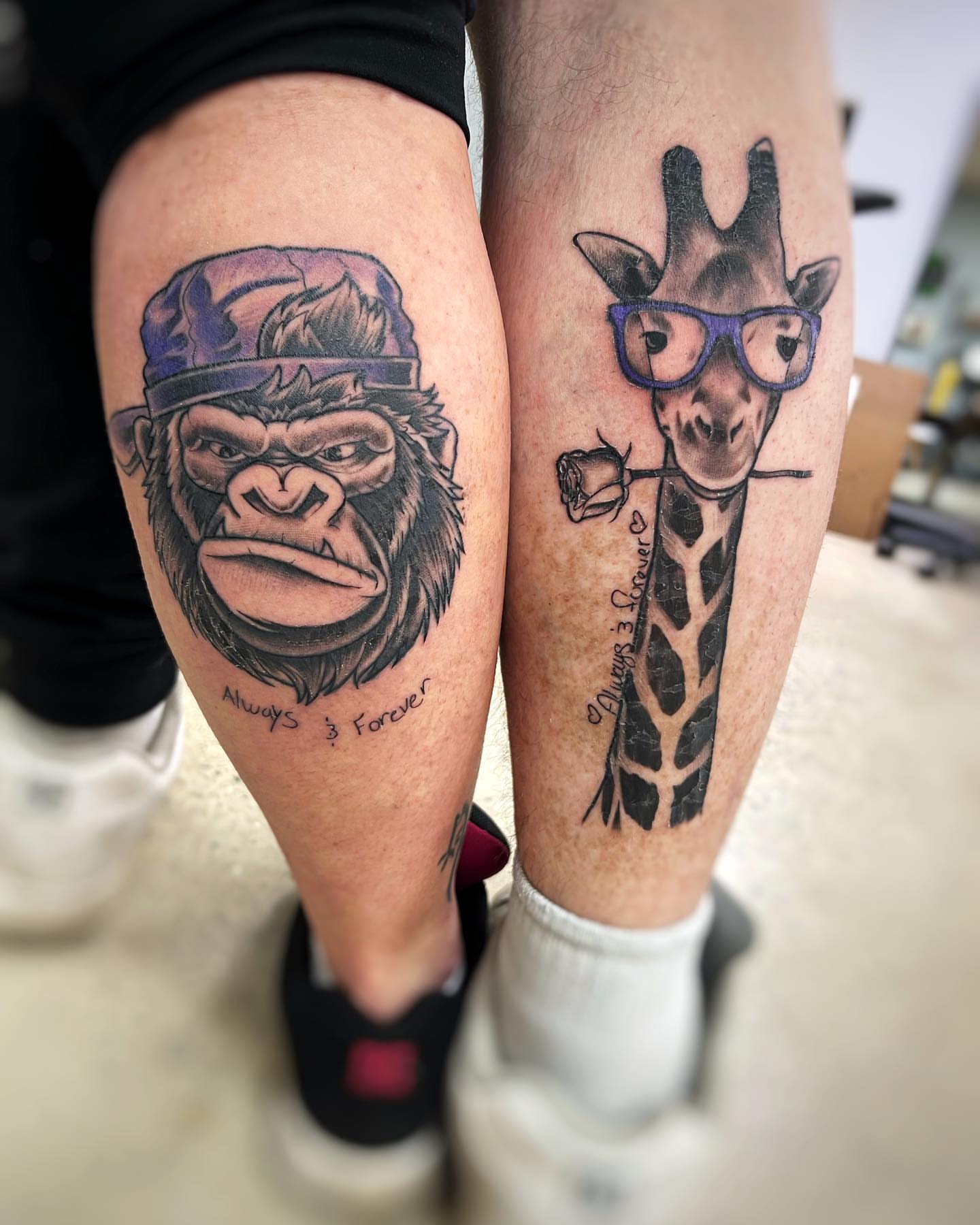 Gorilla and giraffe realism tattoo on the leg by Tattoos by Hanna, Farmington Hills, Michigan