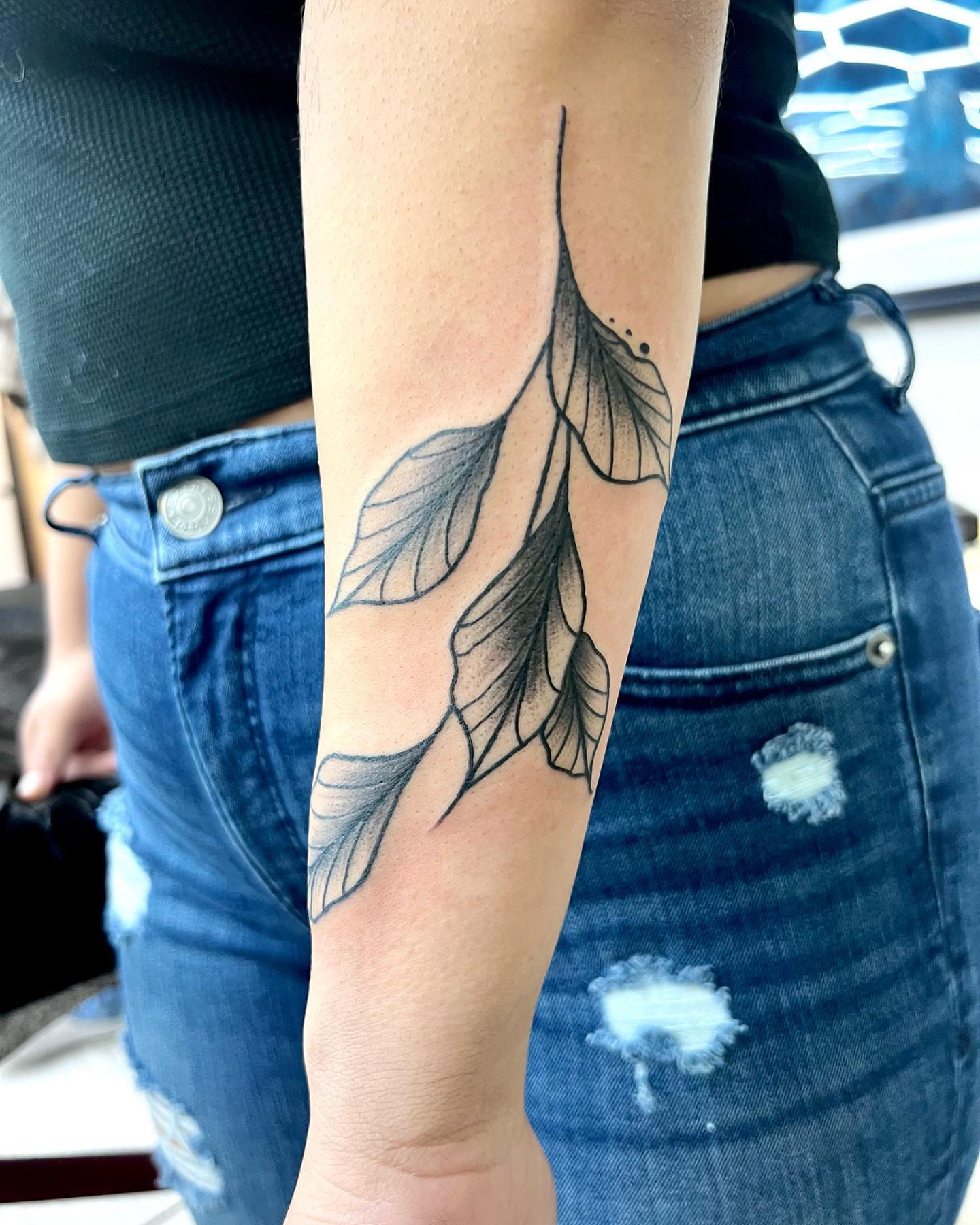 Feather black and grey tattoo on the forearm by Ashley Fino, Las Vegas, Nevada