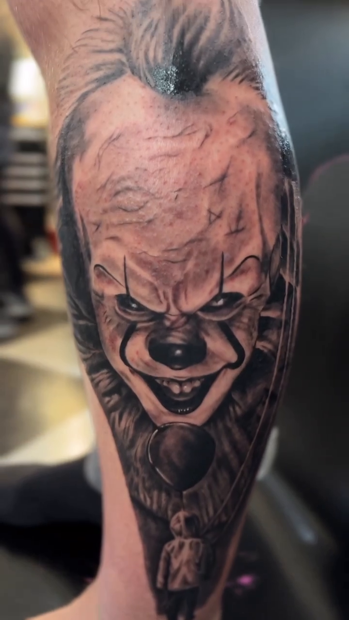 Pennywise the clown realism tattoo by Zachary Kaufhold