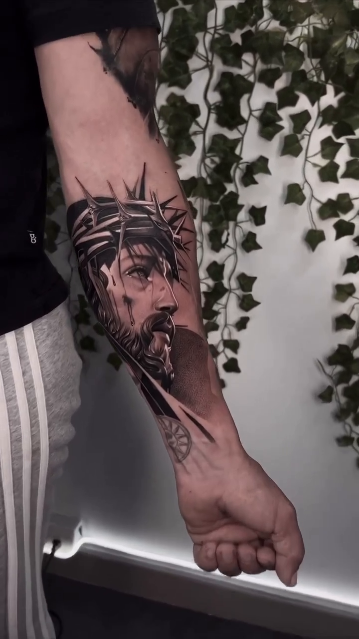 Jesus Christ portrait realism tattoo by Ke$la