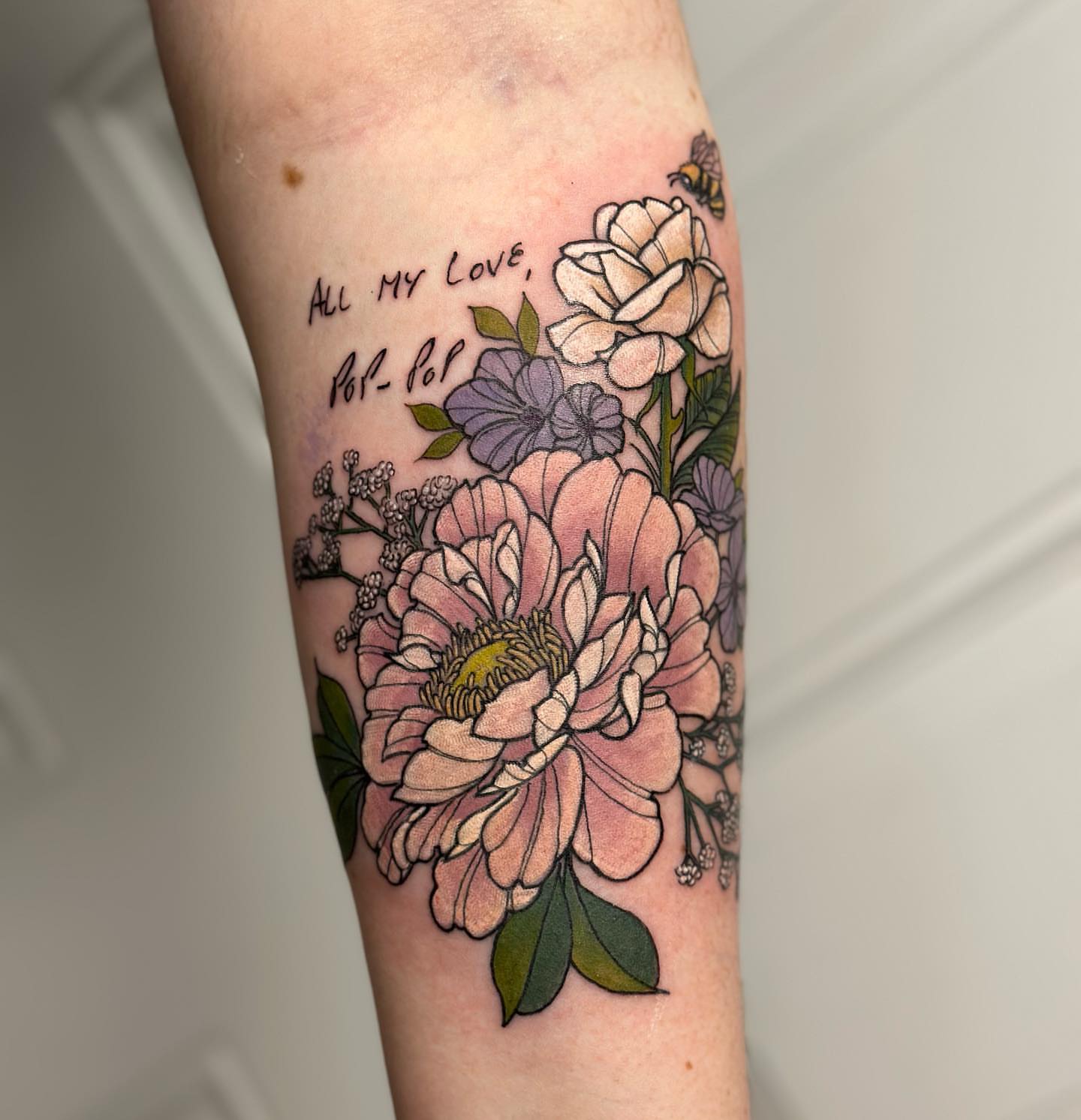 Flowers and script realism tattoo on the forearm by 𝕵𝖊𝖘𝖘𝖆 𝕭𝖎𝖌𝖊𝖑𝖔𝖜, Harrison, New Jersey