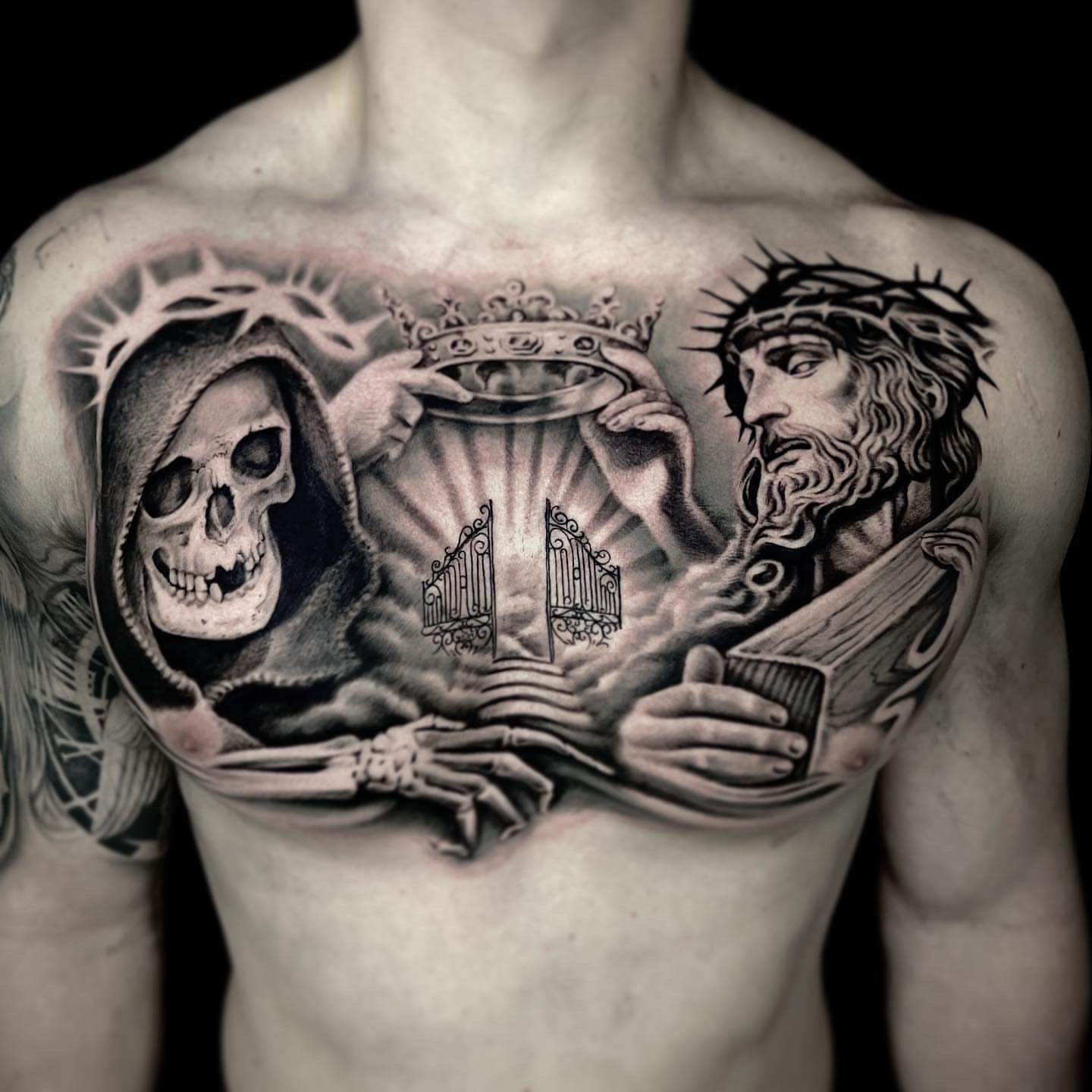 Death and jesus realism tattoo on the chest by Luisd_art, Charlotte, North Carolina