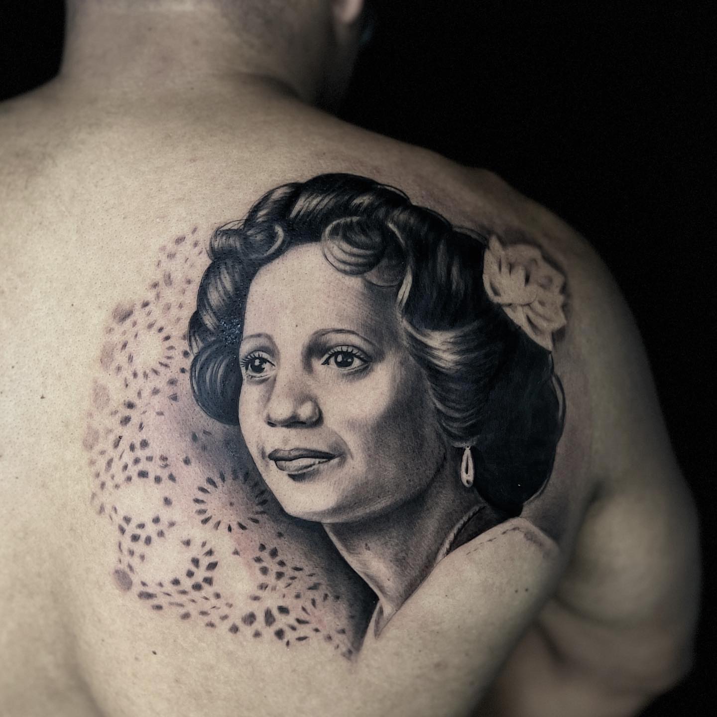 Portrait of a woman realism tattoo on the shoulder by Luisd_art, Charlotte, North Carolina