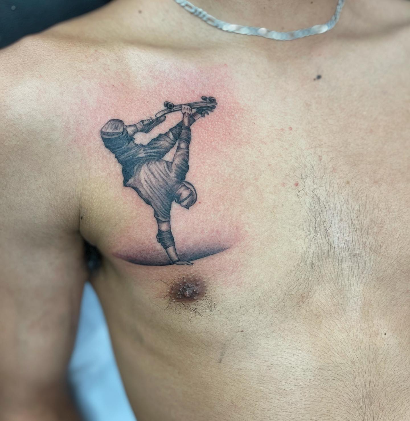 Violinist black and grey tattoo on the chest by Mister Joe Joe Frisco Tattoo, San Francisco, California