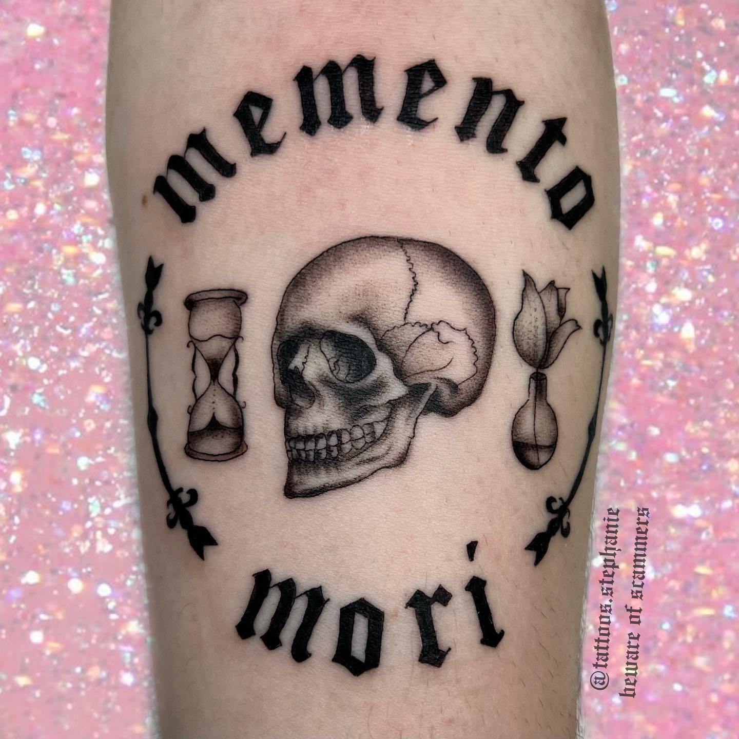 Memento mori black and grey tattoo on the forearm by ⊹ ࣪ ₊✩‧₊˚ 𝖘 𝖙 𝖊 𝖕 𝖍 𝖆 𝖓 𝖎 𝖊 ˚₊‧✩₊ ࣪ ⊹