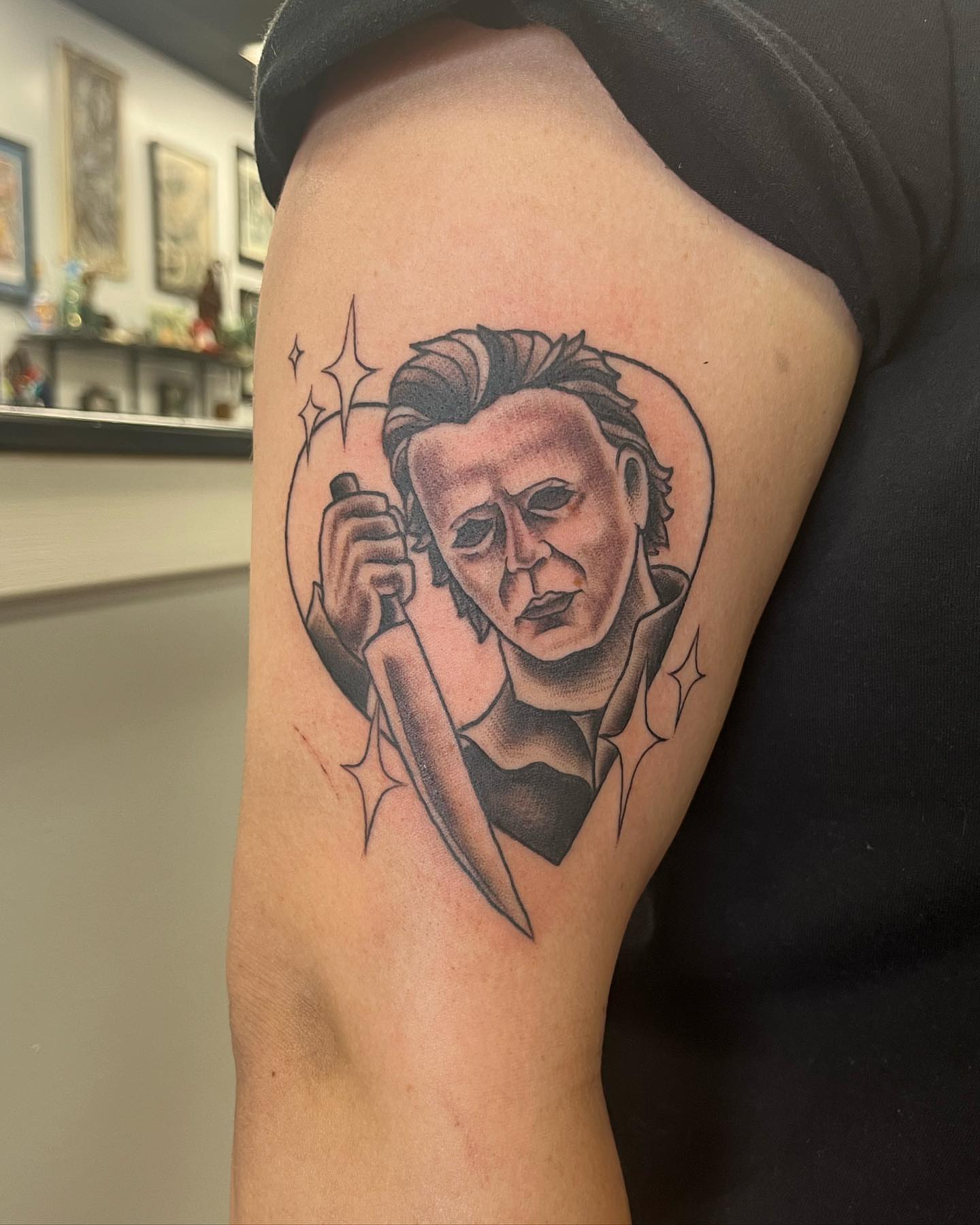 Michael Myers black and grey tattoo on the shoulder by Allie Tippets, Gilbert, Arizona