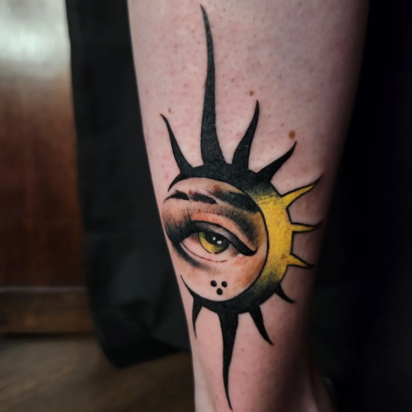 Eye with sunburst American traditional tattoo on the forearm by Ben Friday, Phoenix, Arizona