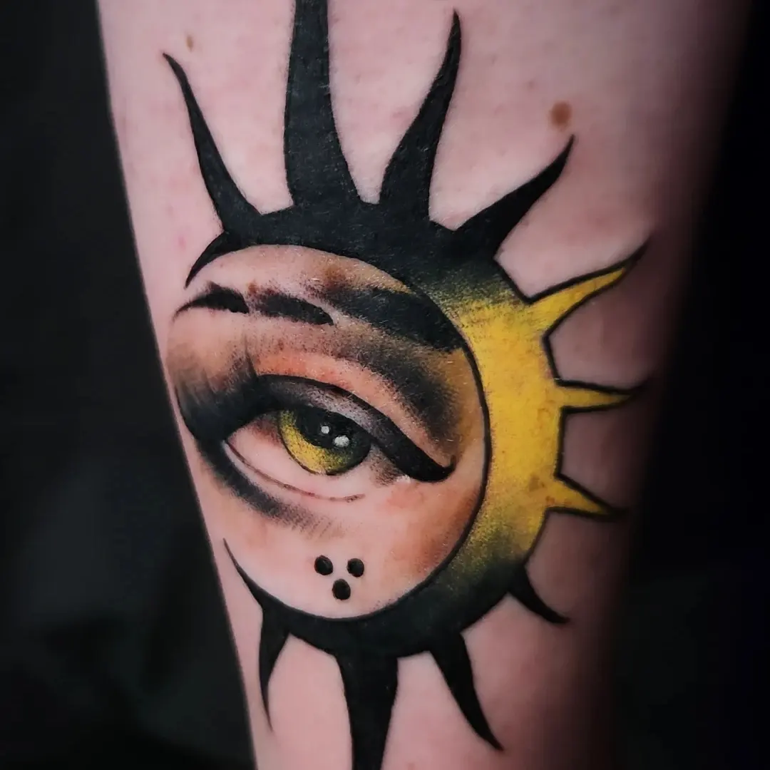 Eye and sun realism tattoo on the forearm by Ben Friday, Phoenix, Arizona