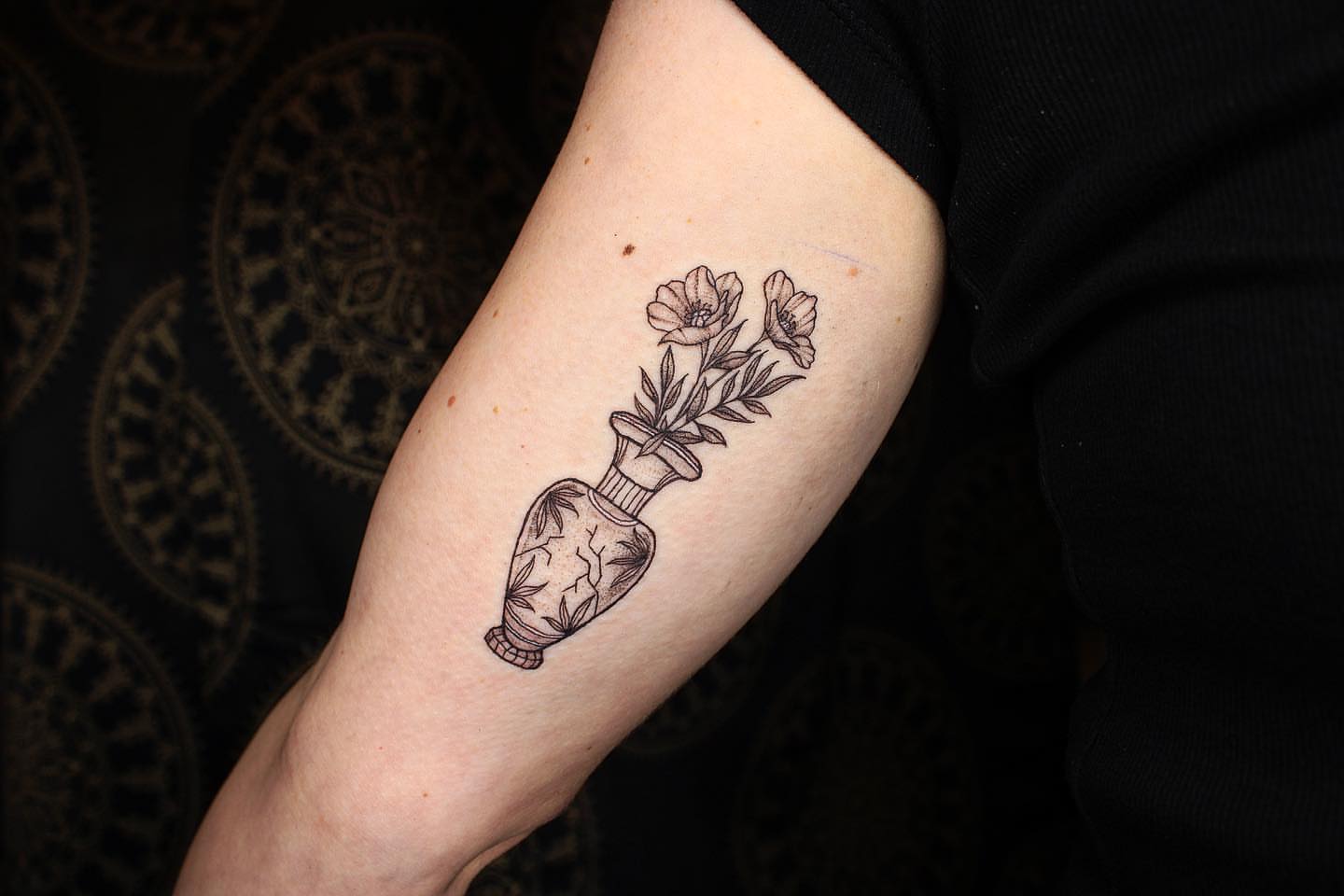 Flower vase black and grey tattoo on the forearm by Aim 🤍