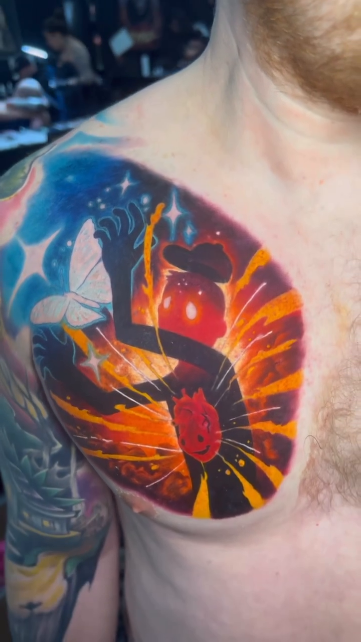 Cosmic scene with figures new school tattoo by Albuquerque Tattoo Artist, Albuquerque, New Mexico