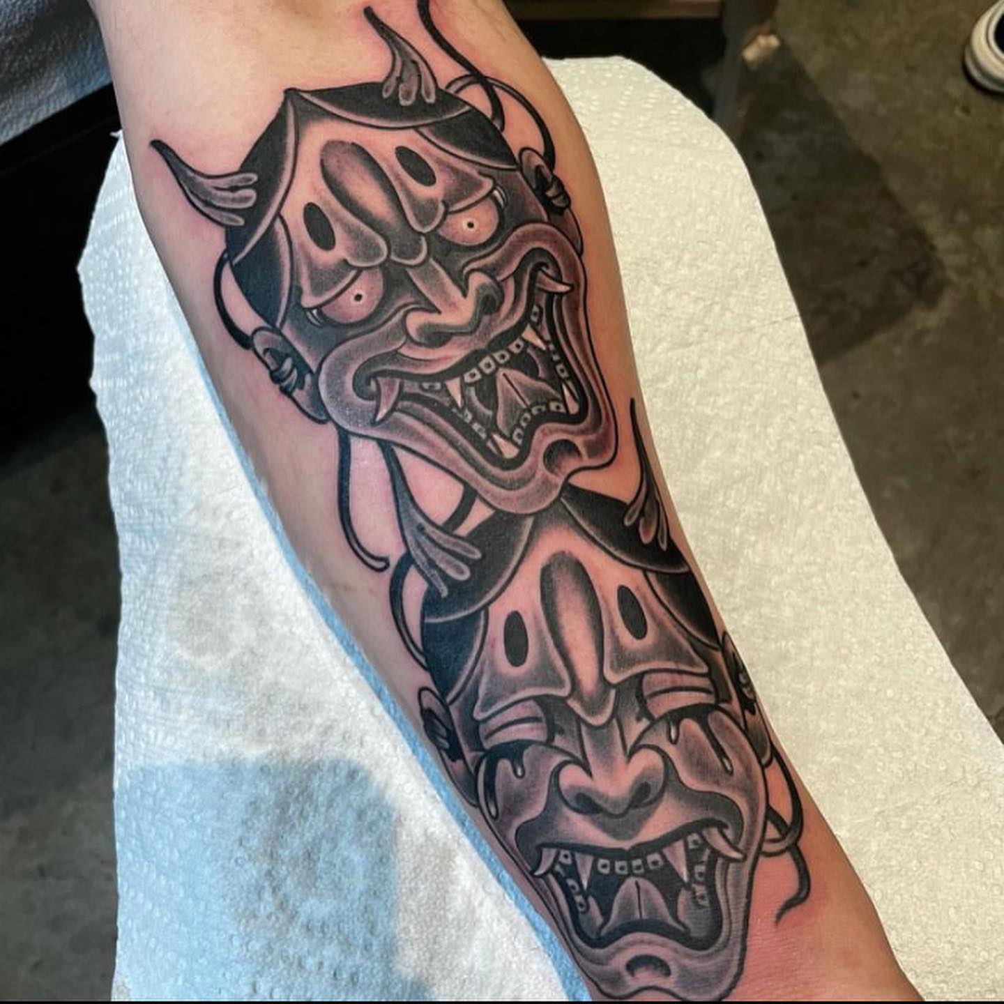 Demon mask japanese irezumi tattoo on the forearm by Tony Medellin 7X9X