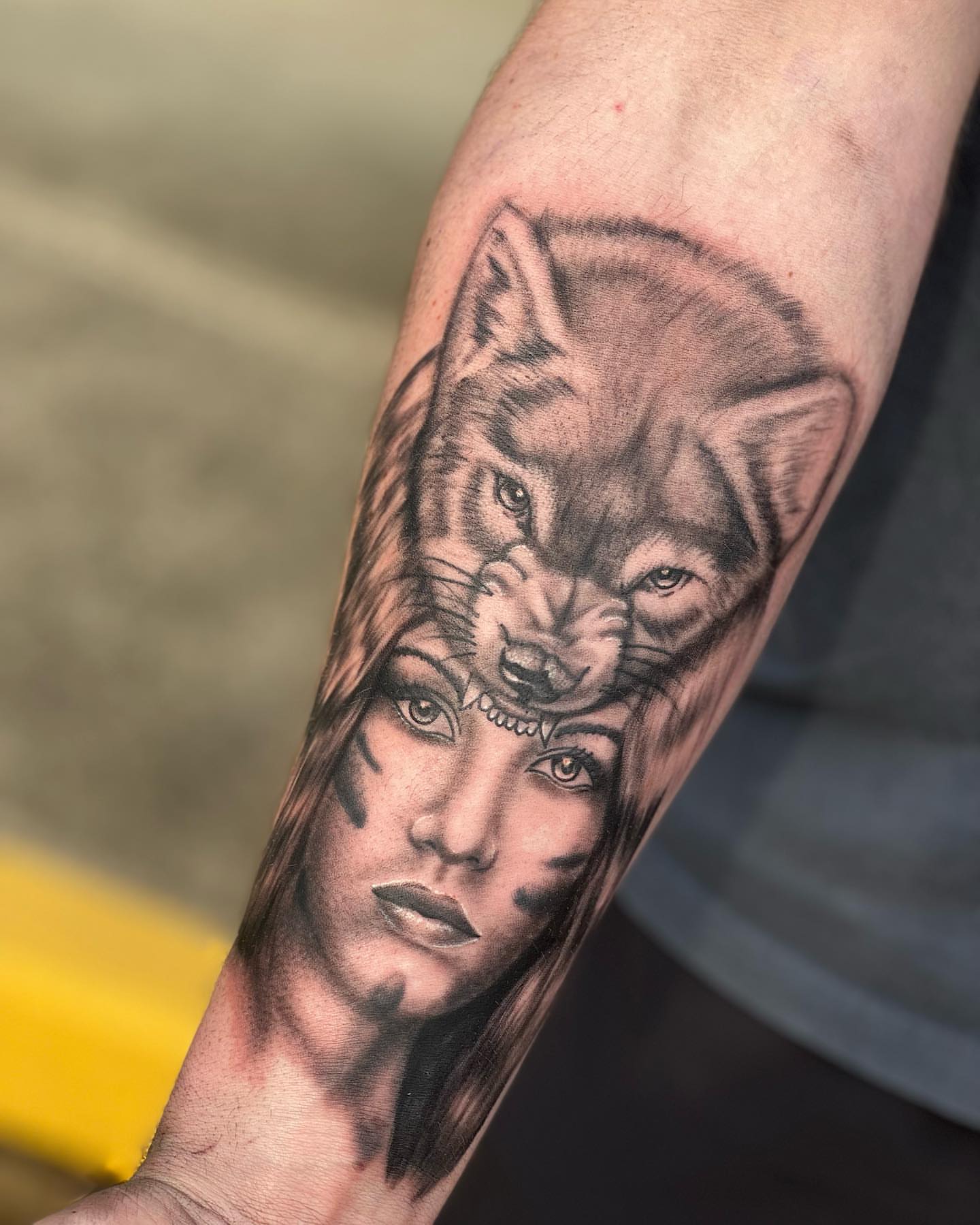 Woman with wolf realism tattoo on the forearm by 🔥Austin Burke 🔥TATTOO ARTIST