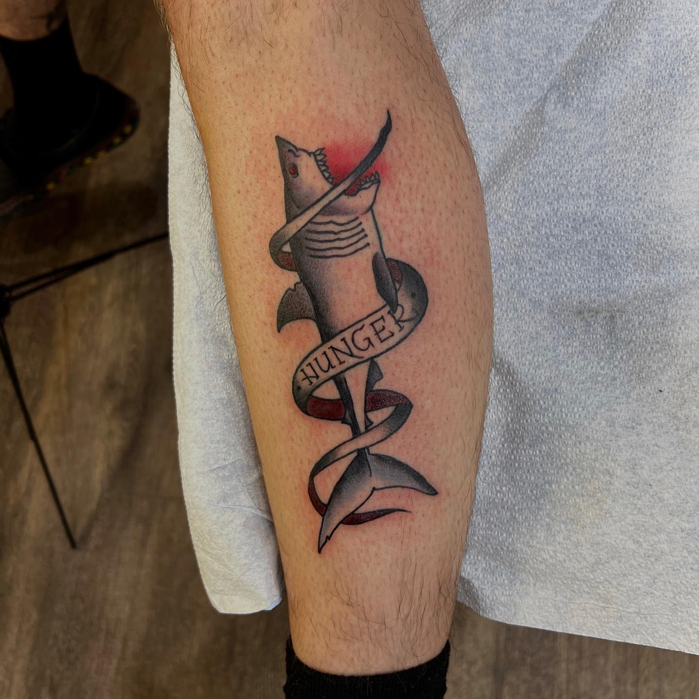 Shark with knife American traditional tattoo on the forearm by πππ¦