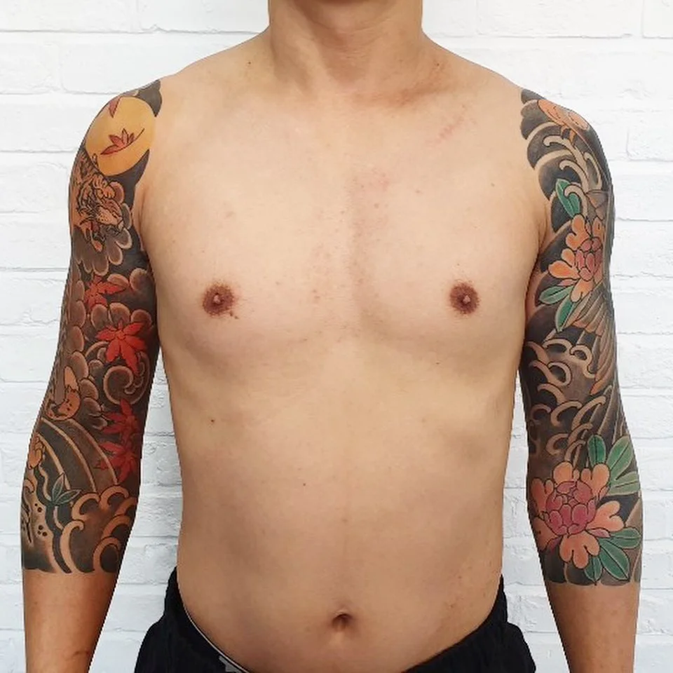Floral japanese irezumi tattoo on the chest by zamix_traditional, San Francisco, California