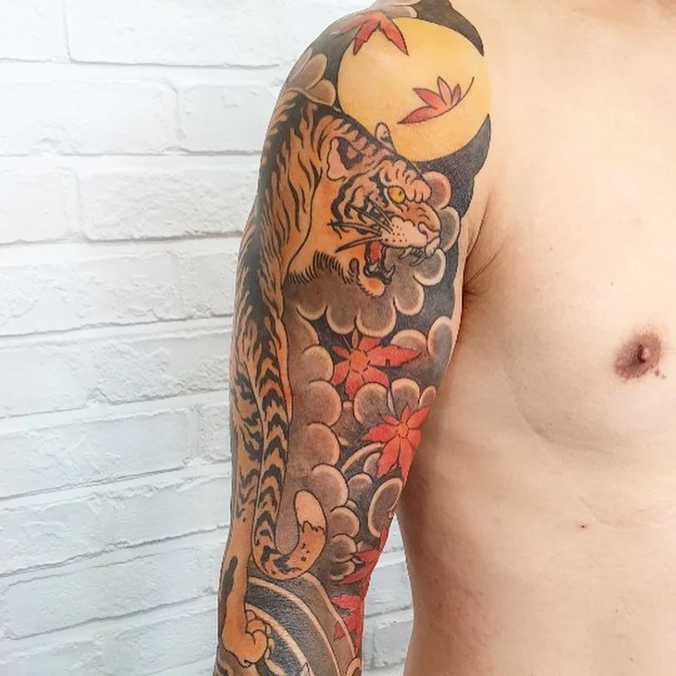 Tiger and moon japanese irezumi tattoo on the upper arm by zamix_traditional, San Francisco, California