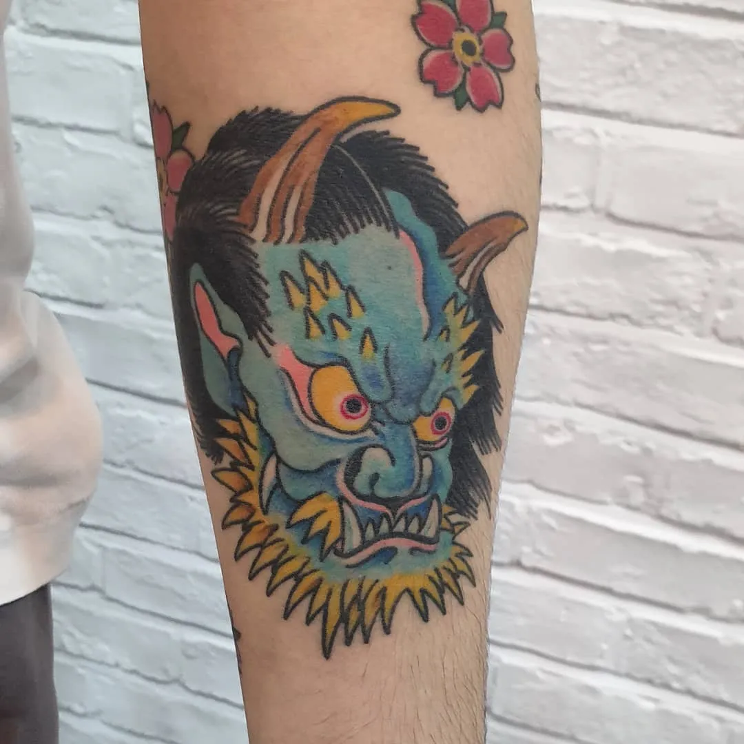 Demon mask American traditional tattoo on the forearm by zamix_traditional, San Francisco, California