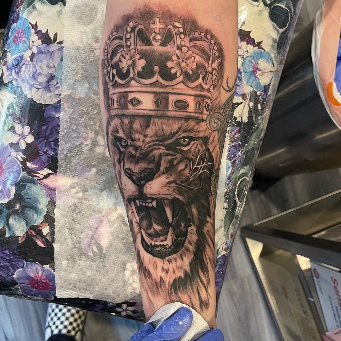 Roaring lion with crown realism tattoo on the forearm by Antonio Massimino